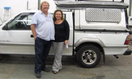 Andrè and Noeleen Du Toit with their AHA-45 on a Isuzu Double Cab, collected at the AHA Outdoor Systems factory, 2011.