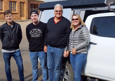 Axel Holtzhausen with their AHA Transformer on a Ford Ranger Double Cab, collected at the AHA Outdoor Systems factory, 2016.