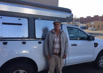 Frans Du Plessis with their AHA Transformer on a Ford Ranger Single Cab, collected at the AHA Outdoor Systems factory, 2019.