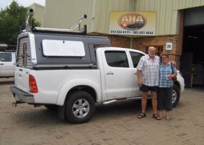 Fred and Petro French with their AHA-45 on a Toyota Double Cab, collected at the AHA Outdoor Systems factory, 2011.