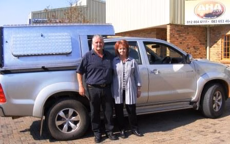 Harry and Daleen Kruger with their AHA-45 on a Toyota Double Cab, collected at the AHA Outdoor Systems factory, 2011.