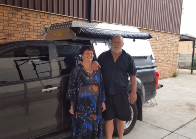 Helgaard Muller with their AHA-45 on a Isuzu Extra Cab, collected at the AHA Outdoor Systems factory, 2016.