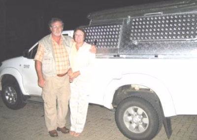 Herman and Nellie Van Deventer with their AHA-45 on a Toyota Hilux Single Cab, collected at the AHA Outdoor Systems factory, 2009.
