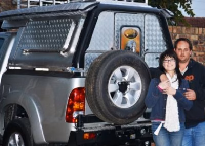 Japie Le Grange with their AHA-45 on a Toyota Double Cab, collected at the AHA Outdoor Systems factory, 2011.
