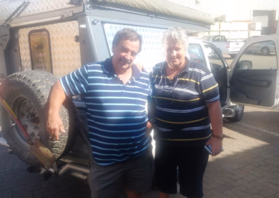 Johannes and Corrie Joubert with their AHA Transformer on a Toyota Hilux Double Cab, collected at the AHA Outdoor Systems factory, 2017.