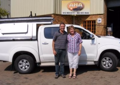 John Scholtz with their AHA-45 on a Toyota Double Cab, collected at the AHA Outdoor Systems factory, 2011.