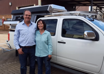 Louis and Blanchè Botha with their AHA-45 on a Toyota Hilux Extra Cab, collected at the AHA Outdoor Systems factory, 2016.