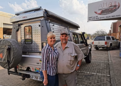 Michael and Carol Allen with their AHA Transformer on a Toyota Land Cruiser Double Cab, collected at the AHA Outdoor Systems factory, 2019.
