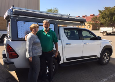 Pieter and Sandra Du Toit with their AHA Transformer on a Toyota Hilux Double Cab, collected at the AHA Outdoor Systems factory, 2019.