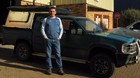 Stephanus and Lynette Klopper with their AHA-45 on a Nissan Navara Double Cab, collected at the AHA Outdoor Systems factory, 2009.