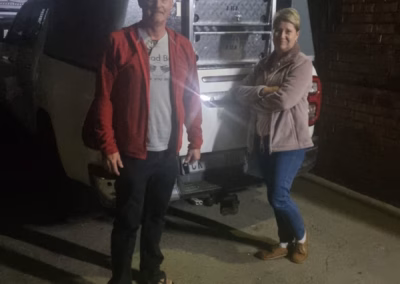 Stephen Kriel with their AHA Transformer on a Toyota Hilux Double Cab, collected at the AHA Outdoor Systems factory, 2024.