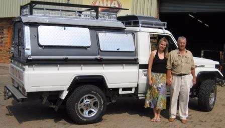 Thinus and Marietjie Van Der Spuy with their AHA-45 on a Toyota Single Cab, collected at the AHA Outdoor Systems factory, 2012.