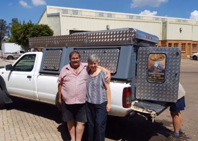 Willem Bezuidenhout with their AHA Transformer on a Nissan Np 300 Single Cab, collected at the AHA Outdoor Systems factory, 2016.