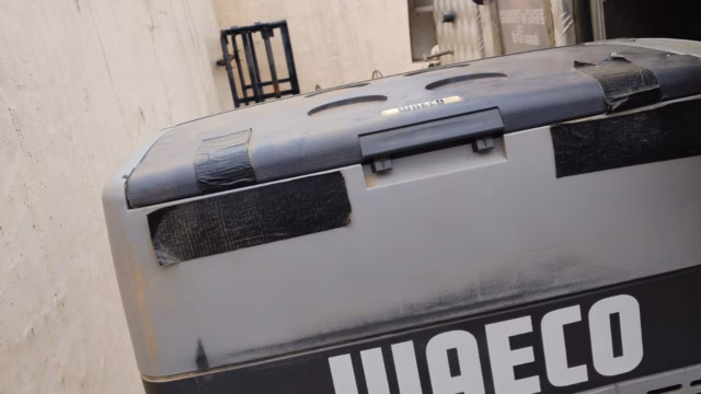 WAECO 55 litre fridge on its slider in a pre-owned 2015 AHA-45.
