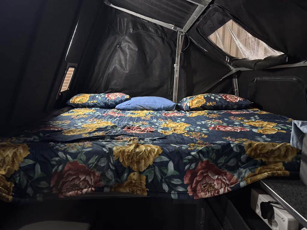 AHA Trailer top / main bed The big and comfortable bed inside the AHA Transformer that sits at the height of a normal bed.
